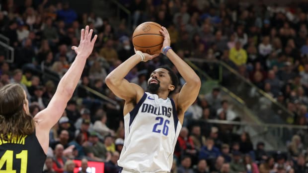 Jan 28, 2023; Salt Lake City, Utah, USA; Dallas Mavericks guard Spencer Dinwiddie (26) shoots the ball during the second quarter against the Utah Jazz at Vivint Arena.